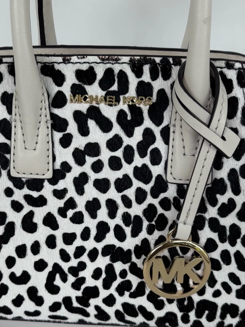 Michael Kors Marilyn Small Satchel Crossbody Leopard Calf Hair Vanilla Leather